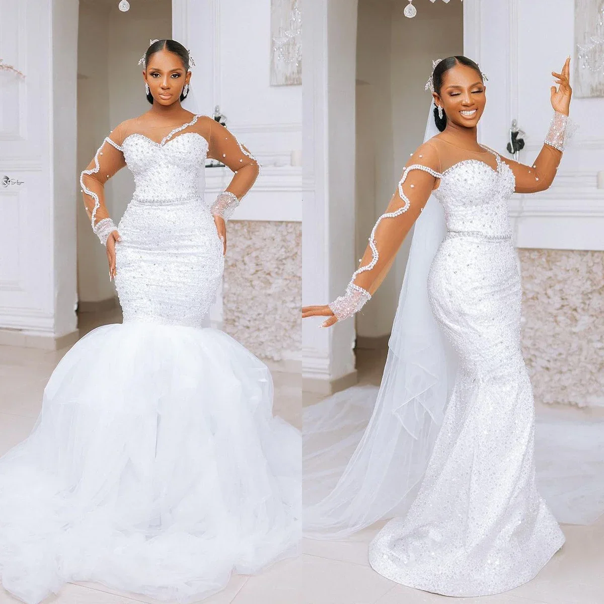 Customized  Heavy Beads Crystals Mermaid Wedding Dresses With Detachable Skirt African Illusion Full Sleeves Bridal Gowns