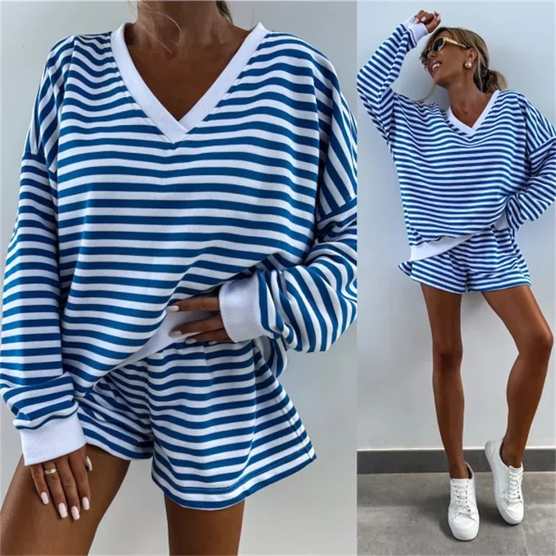 Women Two Piece Short Set Long Sleeve Loose Striped Top V Neck Shorts Suits Pullover Casual Office Lady Tracksuit Summer