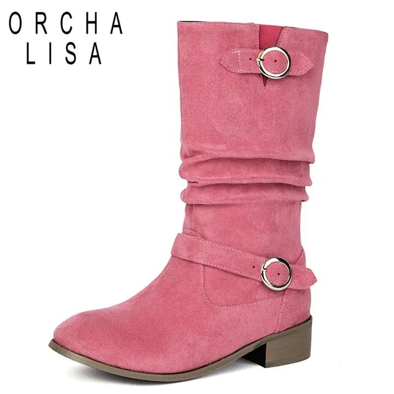 

ORCHA LISA Модная обувь Дизайнерские женские сапоги до середины икры с круглым носком Плиссированные повседневные розовые, синие, зеленые, зимняя распродажа Женская распродажа