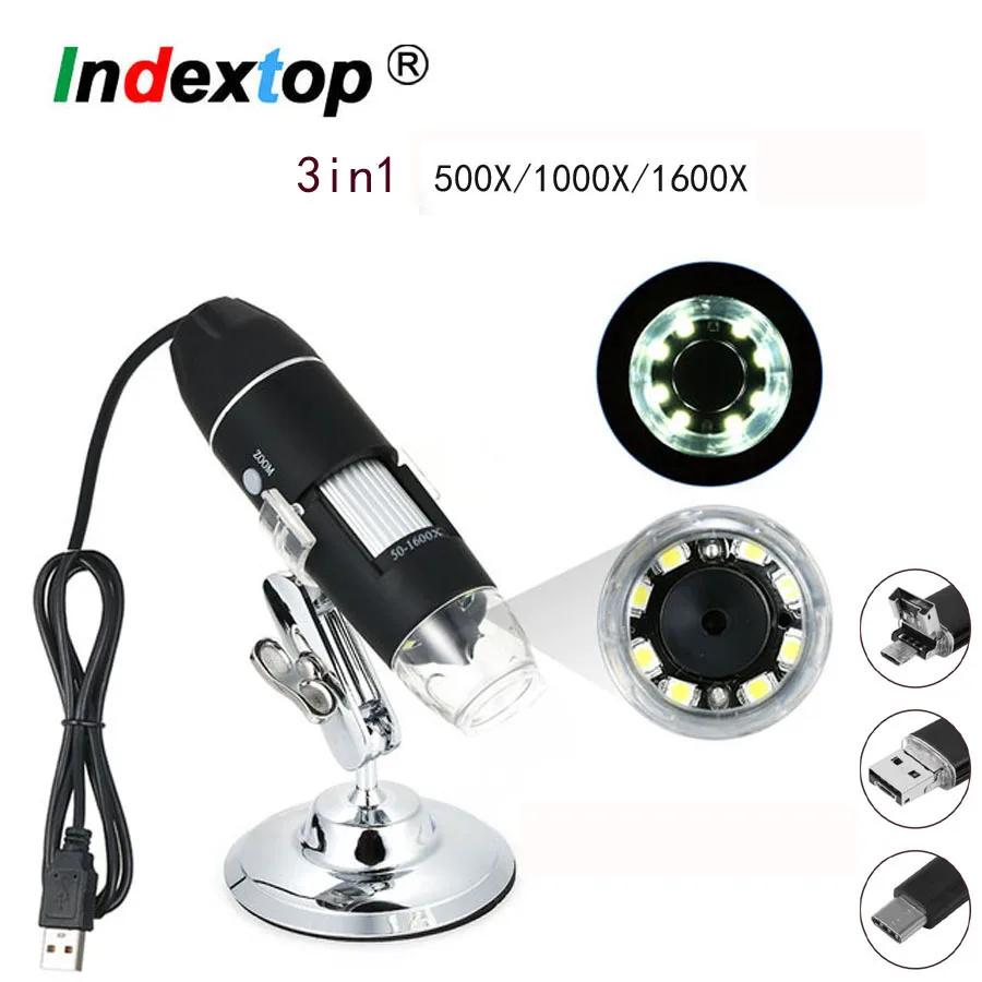 

Digital Microscope Camera 3in1 C Type USB Portable Electron 500X/1000X/1600X For Soldering LED Magnifier Mobile Phone Repairing