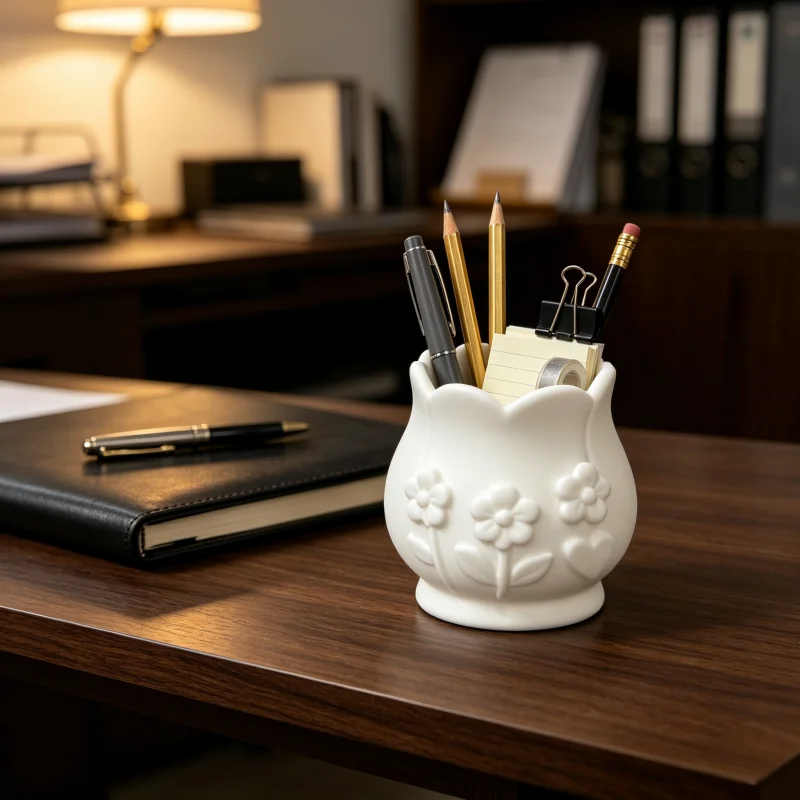 Cute Floral Pattern White Matte Pen Holder, Petal Scalloped Edge Flower Embossed Pen Cup, Multifunctional Stationery Organizer, Makeup Brush Storage Box, Suitable for Office Desk, Study Room, Dressing Table, Bedroom, High Aesthetic Desktop Decoration, Great Gift for Girls