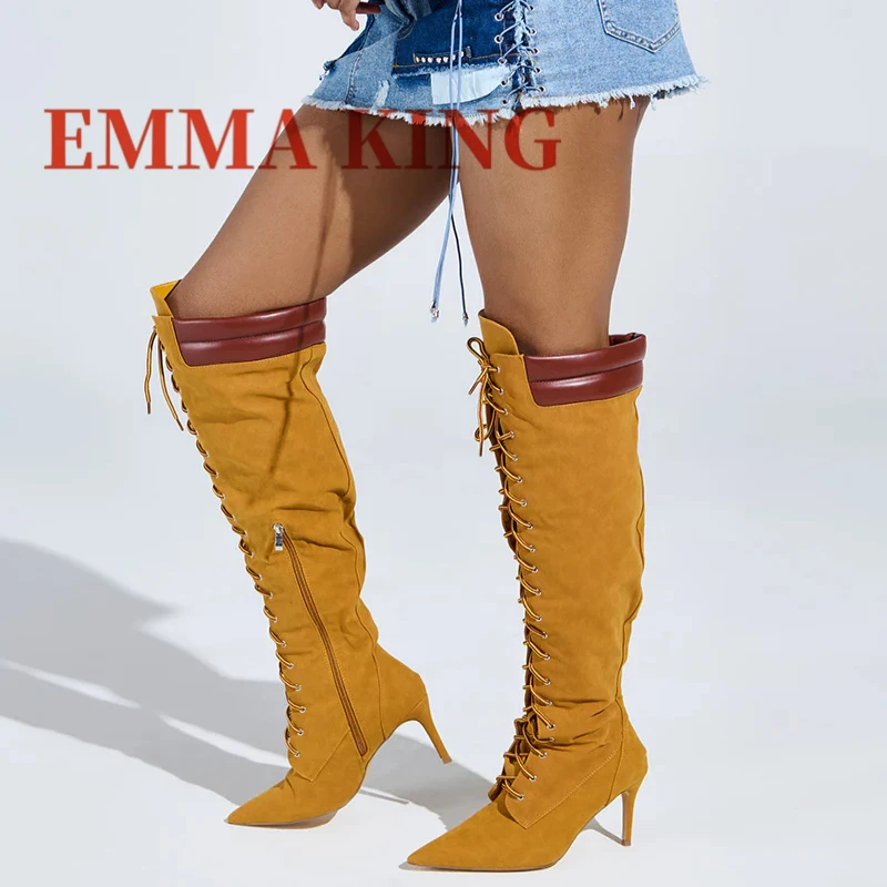 

Хаки Замшевые женские длинные сапоги с перекрестным ремешком Модные сапоги на шпильке с острым носком выше колена Женские туфли большого размера на шнуровке спереди