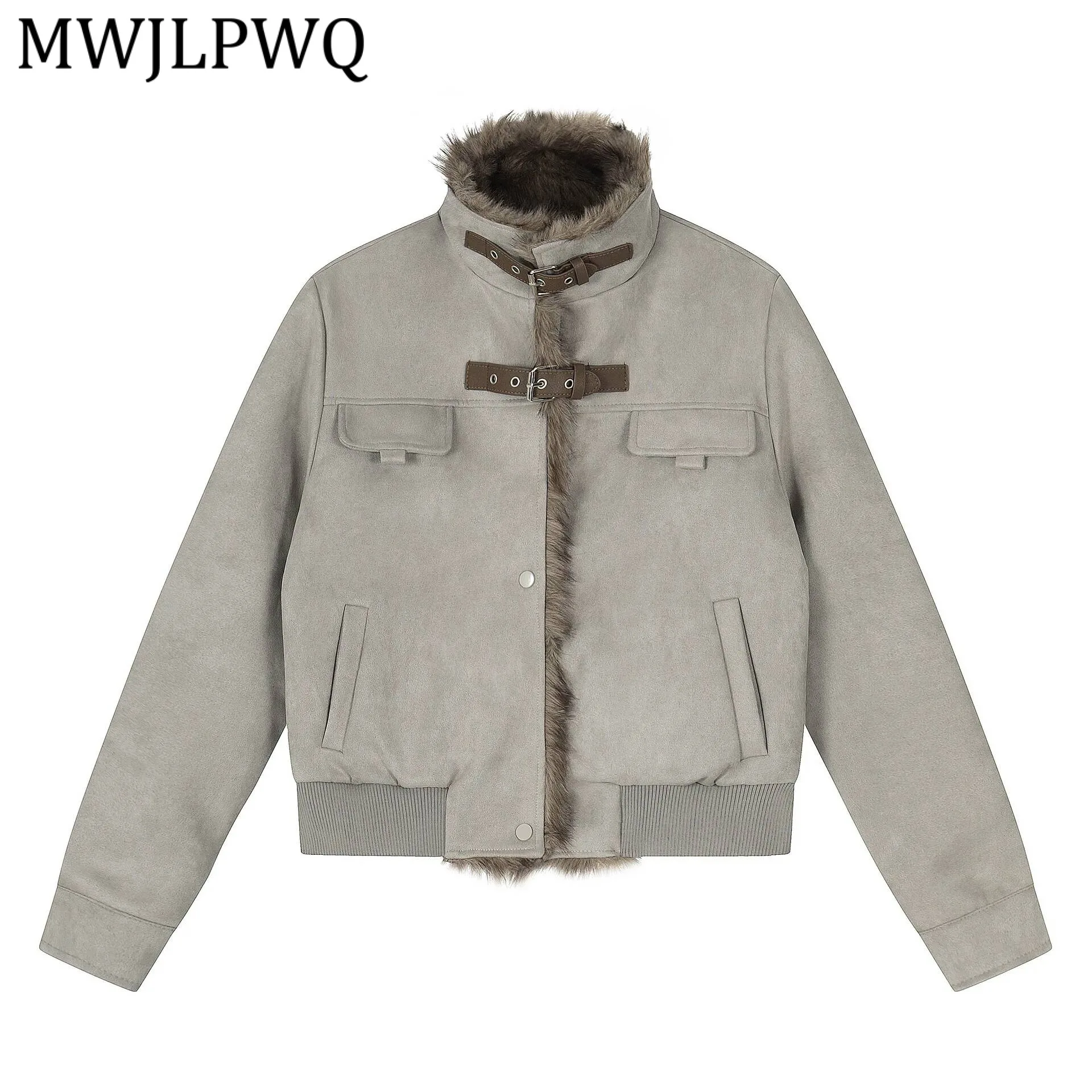 

MWJLPWQ American Winter Warm Fleece Stand Collar Coat Motorcycle Style Long Sleeve Loose Short Cotton Jacket Trendy New 22030