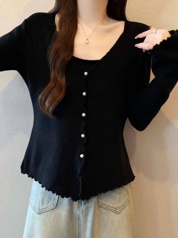 

Женский вязаный топ с V-образным вырезом и эффектом двухслойности, осенне-зимний, больших размеров