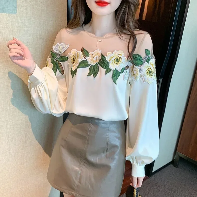 

Floral Print Patchwork Stain Shirt Spring Summer Fashion Blouse 2023 Korean Style Elegant Lace Long Sleeve Shirt for Female