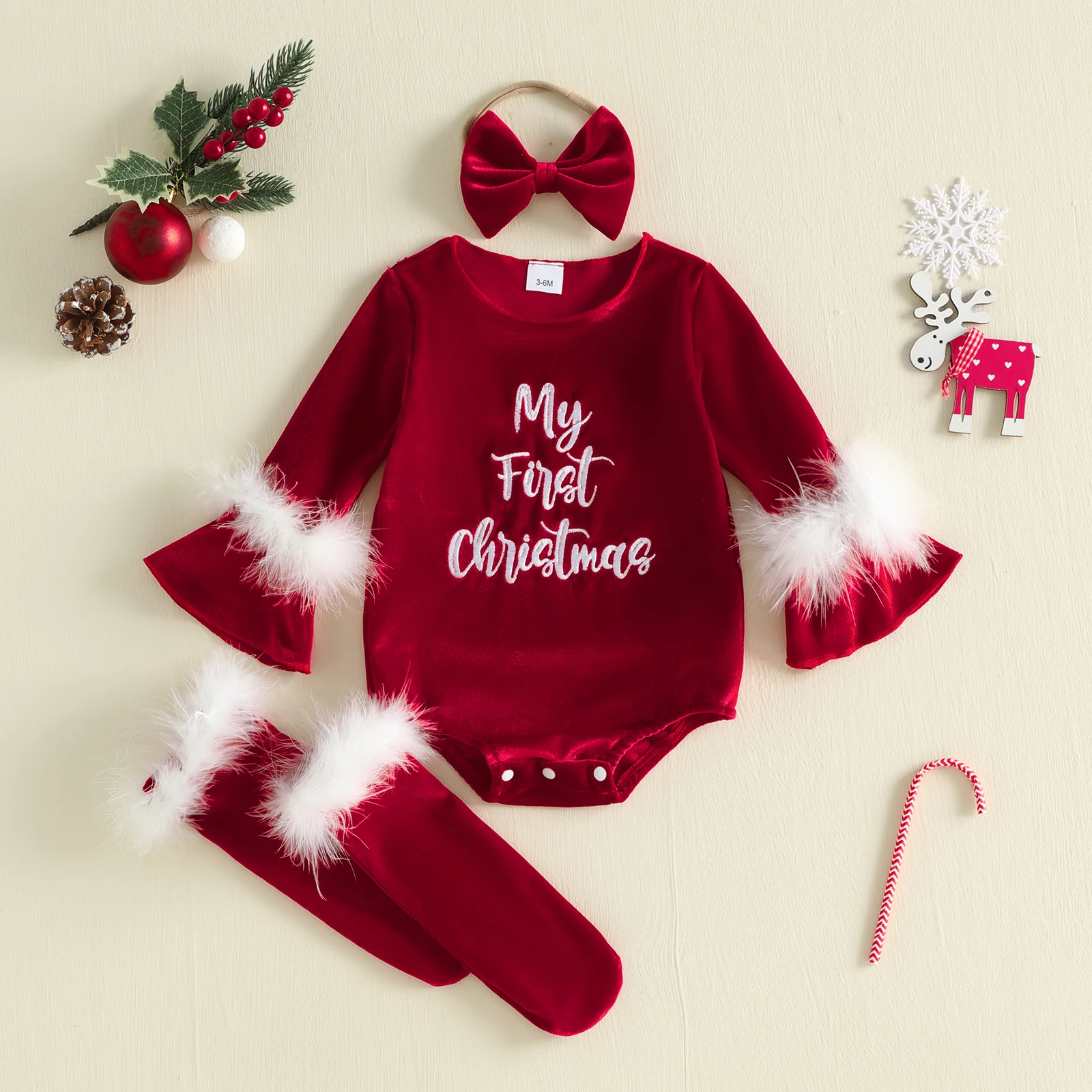 Baby Girl Christmas Velvet Romper Fashion Letters Embroidery Long Sleeve Jumpsuit with Stockings