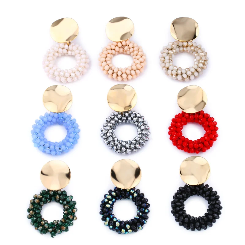 FLOLA  Lott Oorbellen for Woman Gold Plated Crystal Beaded Earrings Bohemia Jewelry Brincos Handmade Round Drop Earring ersp46