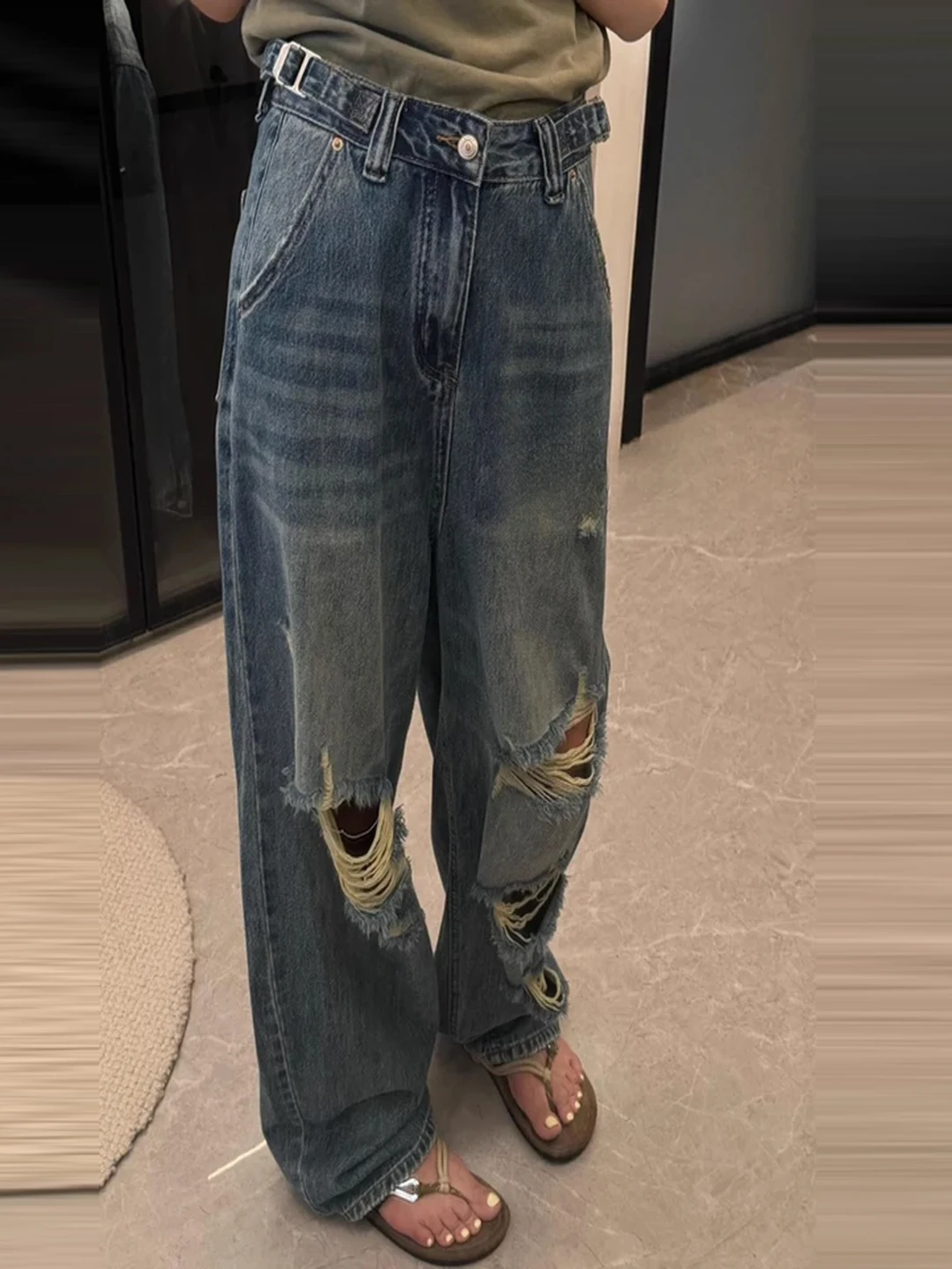 

American Style Retro Deep Blue High Waist Wide Leg Jeans Loose Slimming Fashionable Summer New Arrival Casual Denim Pants