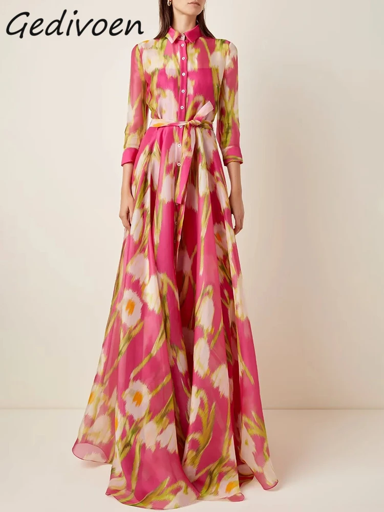 

Gedivoen Summer Fashion Designer Vintage Floral Print Dress Women Lapel Single Breasted Frenulum Gathered Waist Slim Long Dress
