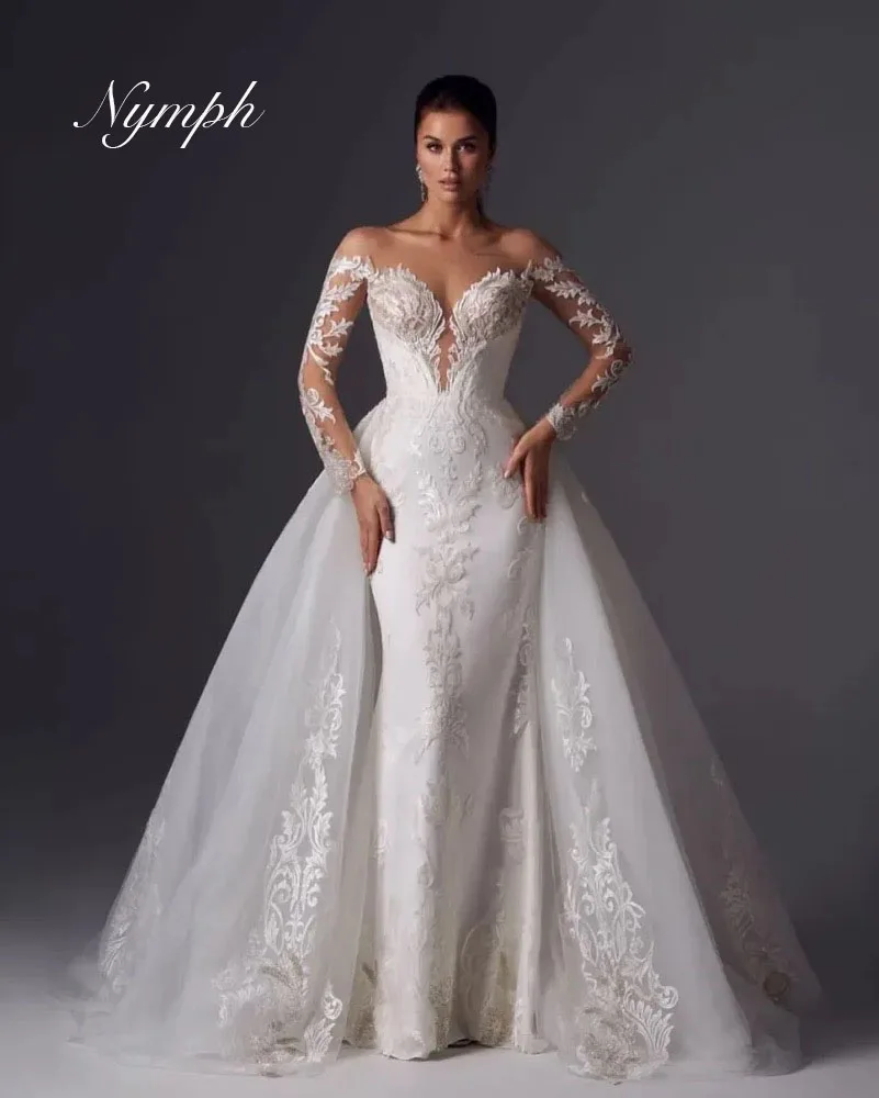 

Customized 2 In 1 Mermaid Wedding Dresses Scoop Neck Long Sleeves Lace Appliques Bridal Gowns with Detachable Train Robes de mar