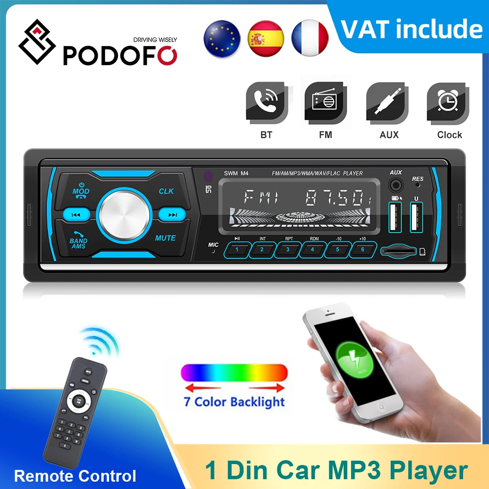 Podofo 1DIN Car Radio Stereo MP3 Player Remote Control Digital Bluetooth Audio Music FM/AM/RDS USB/SD/AUX-IN