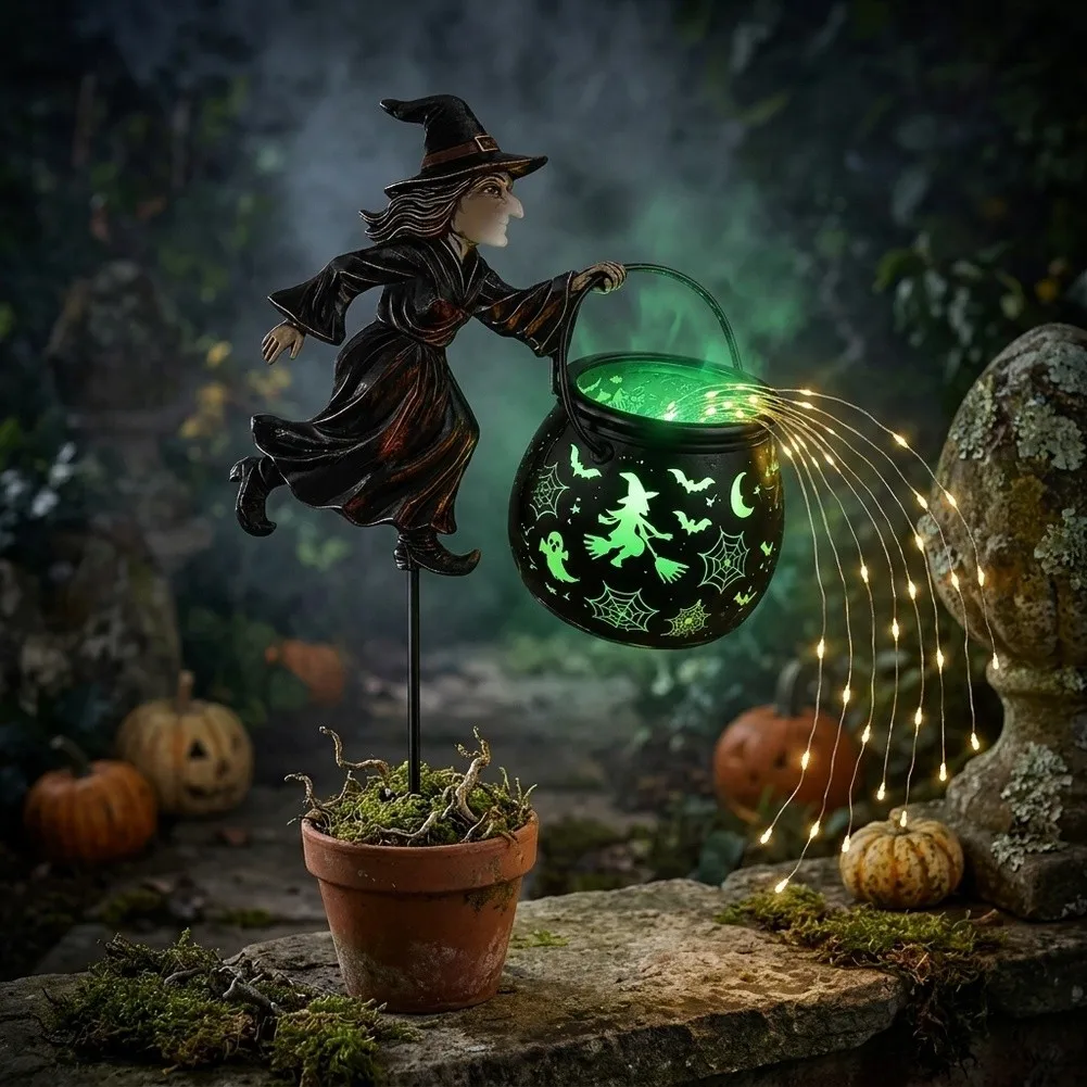 Wrought Iron Halloween Light Fixture Featuring Flying Witch Glowing Cauldron and Multicolor LED Light Spill Effect
