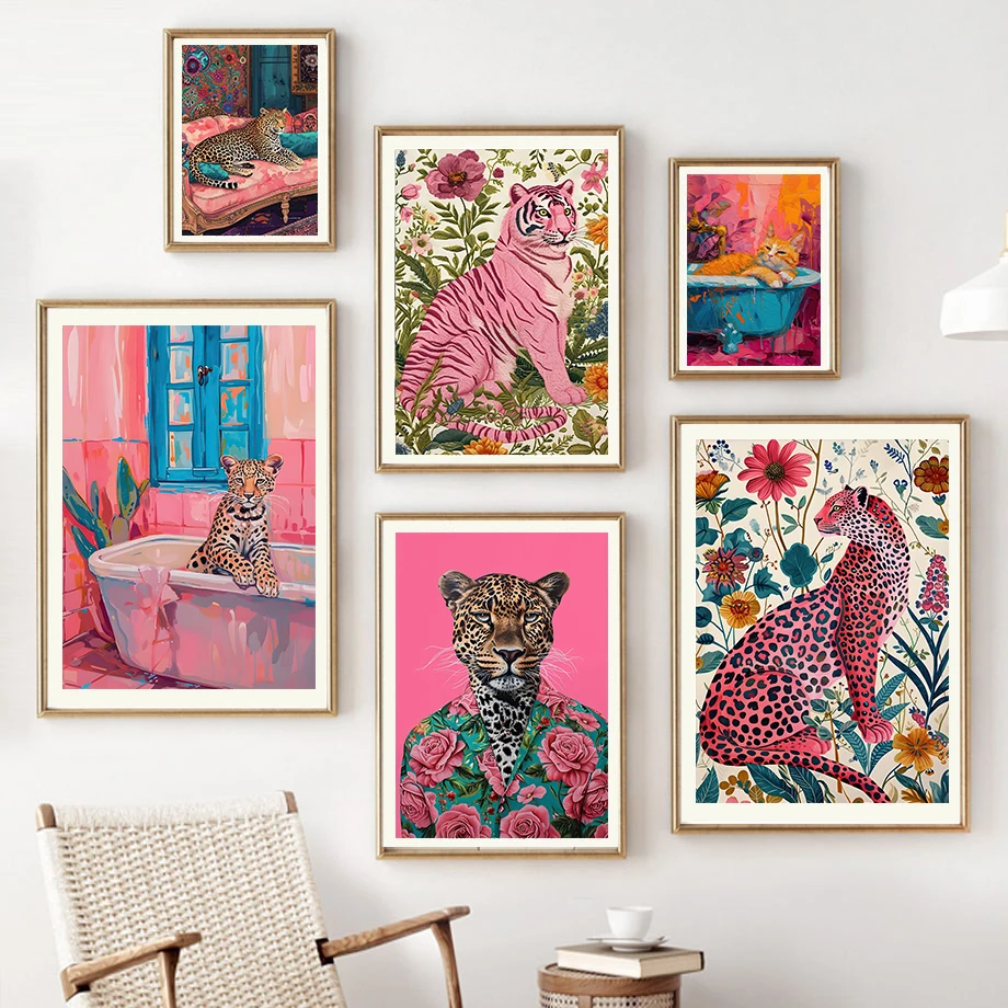 Vintage Colourful Fashionable Animal Art Painting Tiger Leopard Cat With Bathtub Canvas Painting Print Home Room Bathroom Decor