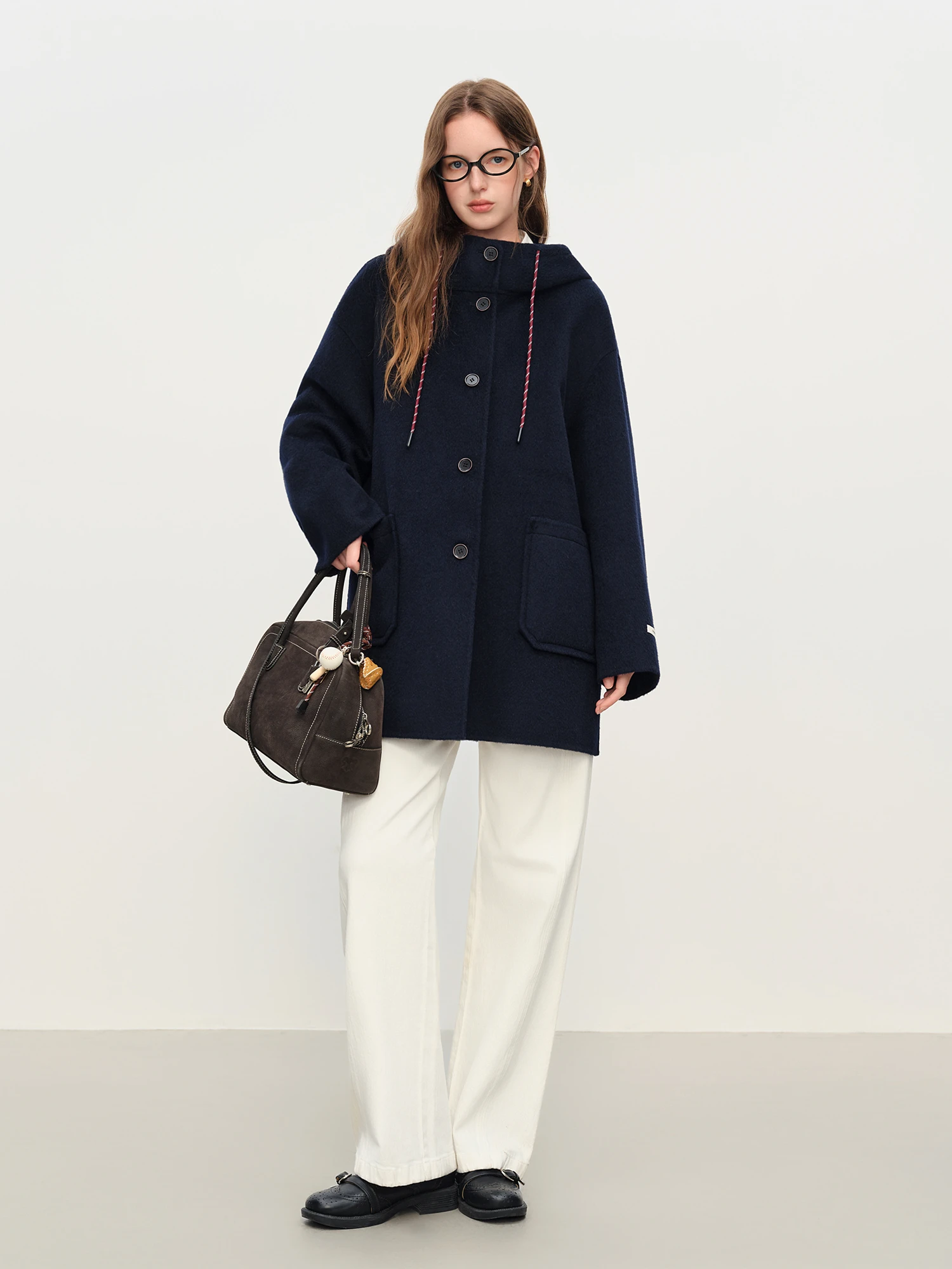 FSLE College Style Age-reducing Hooded Double-faced Wool Coat for Women Mid-length Wool Coat Pockets Gray Girlish