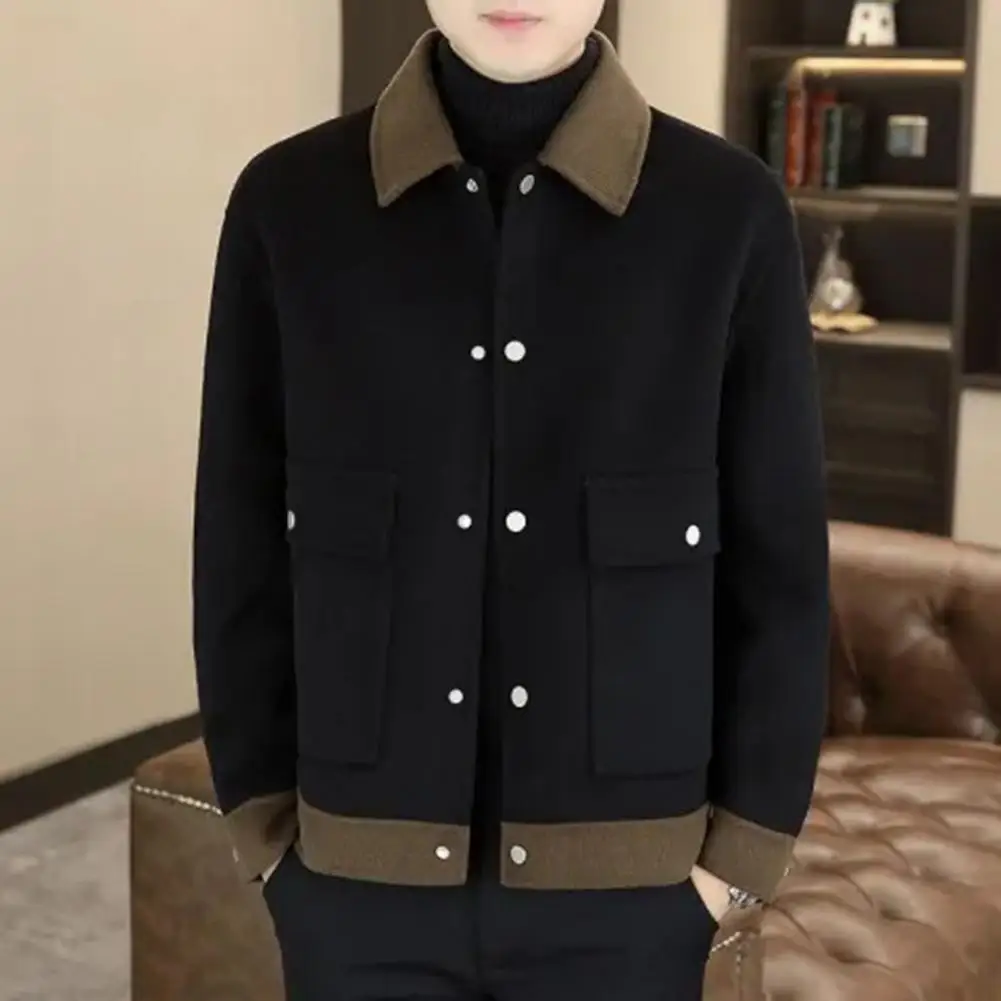 Woolen Coat with Lapel Single-Breasted Design Color-Blocked Style Jacket with Pockets Autumn Winter Men Outerwear