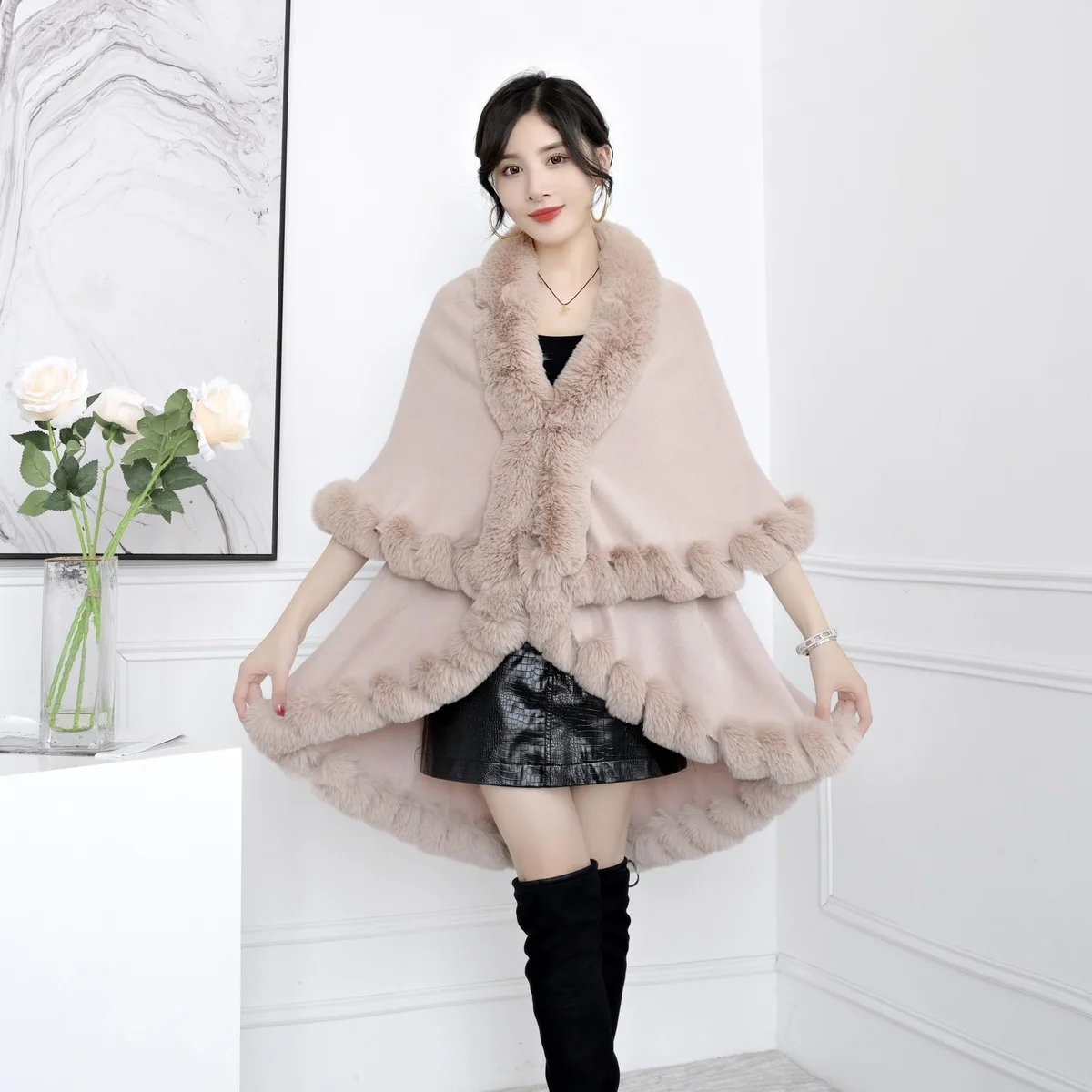 Fashion Loose Cardigan Cloak Shawl Coat for Women Elegant Warm Faux Fur Collar Poncho Jacket Female Solid Cape Outwear Tops