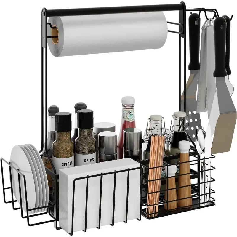 Cross border Amazon multi-layer seasoning rack barbecue and barbecue rack with tissue rack camping utensils