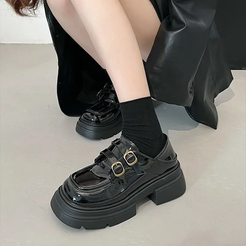 Chunky Platform Mary Janes Shoes Women Patent Leather Gothic Lolita Pumps Woman 2024 New Black Thick Heels Cosplay Loafers Shoes image 2