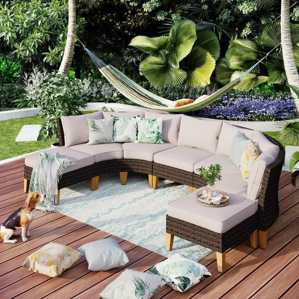 7 Pieces Wicker Patio Furniture Set, All-Weather Rattan Outdoor Half-Moon Curved Sectional Sofa Set for Garden, Backyard