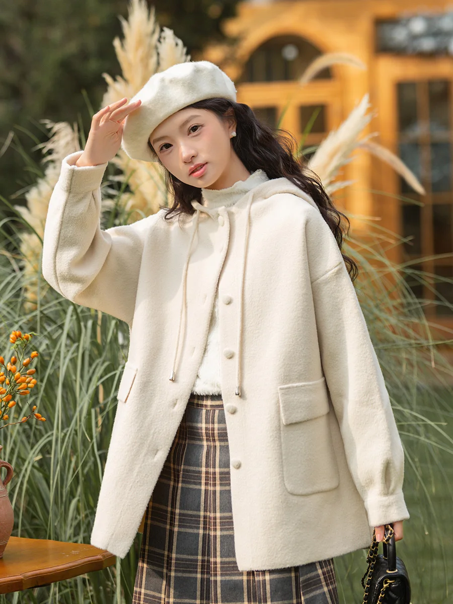 

Women's ort Hat Coat Korean Sle Pure Color Woolen Jaet Spring New Loose Fit Long Sve Button Closure No Inner ket