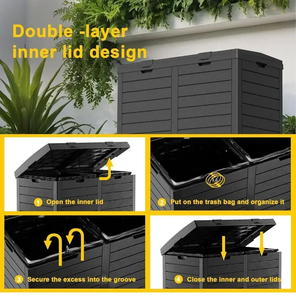 62-Gallon Durable Outdoor Trash Can with Tiered Lid, Drip Tray, and Waterproof Resin for Patio, Kitchen, and Office (Black)