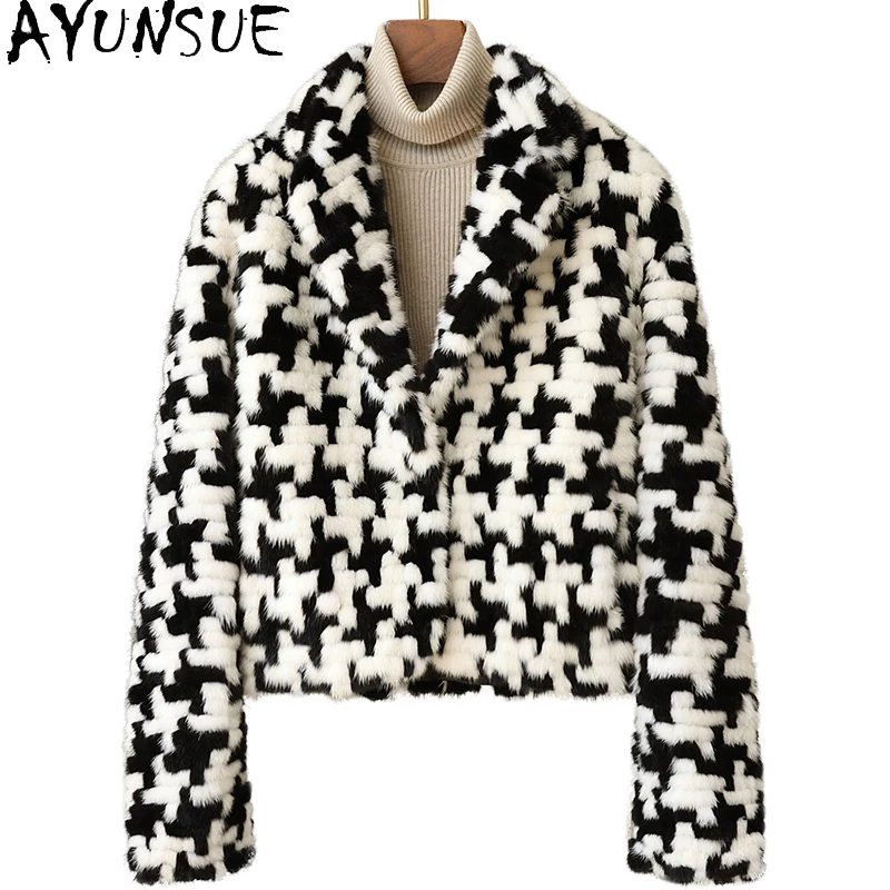 AYUNSUE 2025 가을 겨울 천연 밍크 모피 자켓 여성 인쇄 진짜 모피 자켓 여성 의류 고품질 Шуба Женская