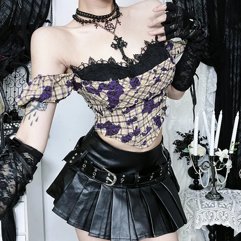 

Y2K Plaid One Shoulder Sexy Slim Top Women Fake Two Piece Tops Subculture Grunge Fairy Core New Short Sleeves Outfits 2025 New