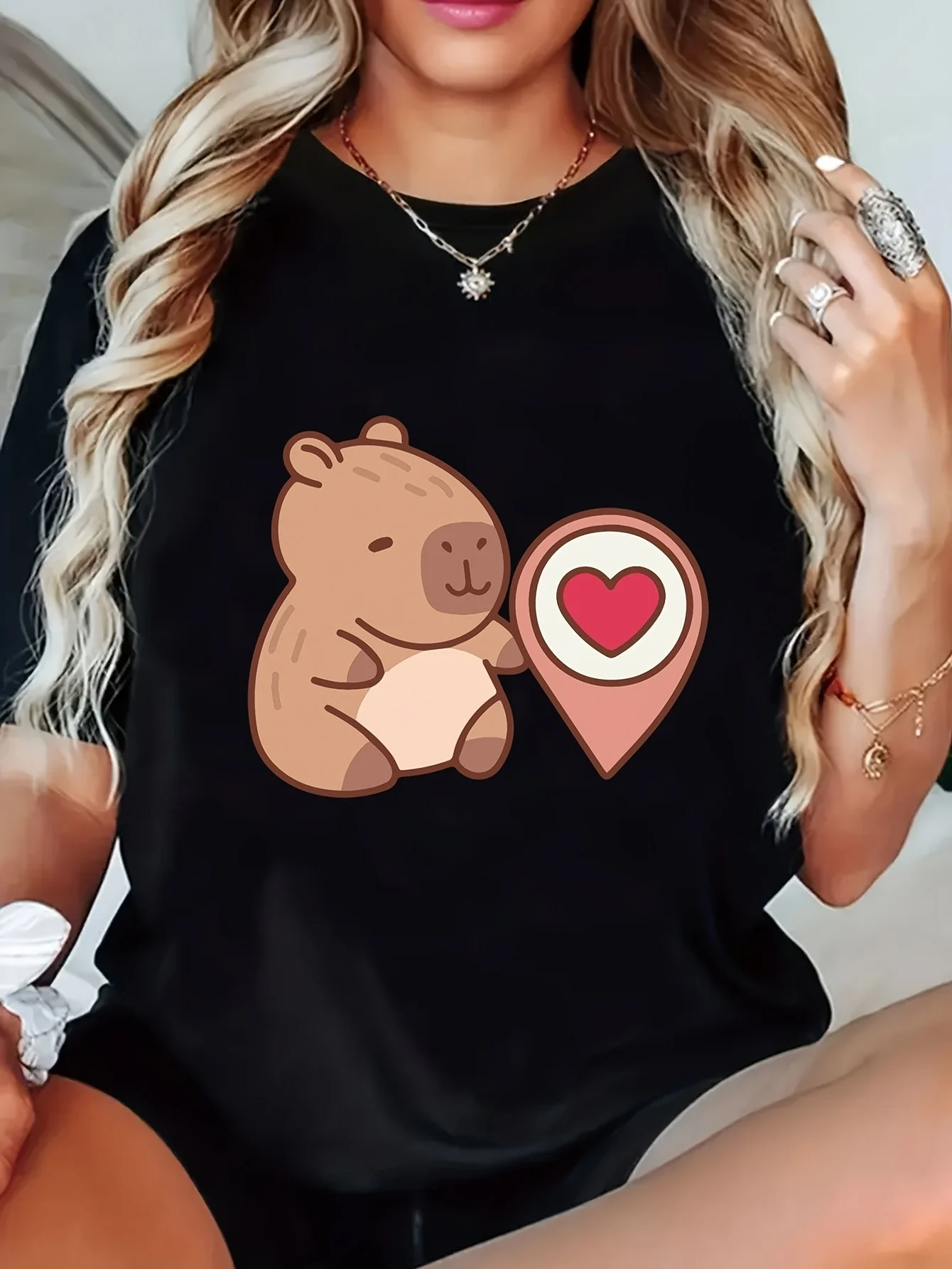 Women's Casual Short Sleeve T-Shirt Cute Koala & Hearts Geometric Print Summer Short Sleeved Harajuku Streetwear Tops Tees