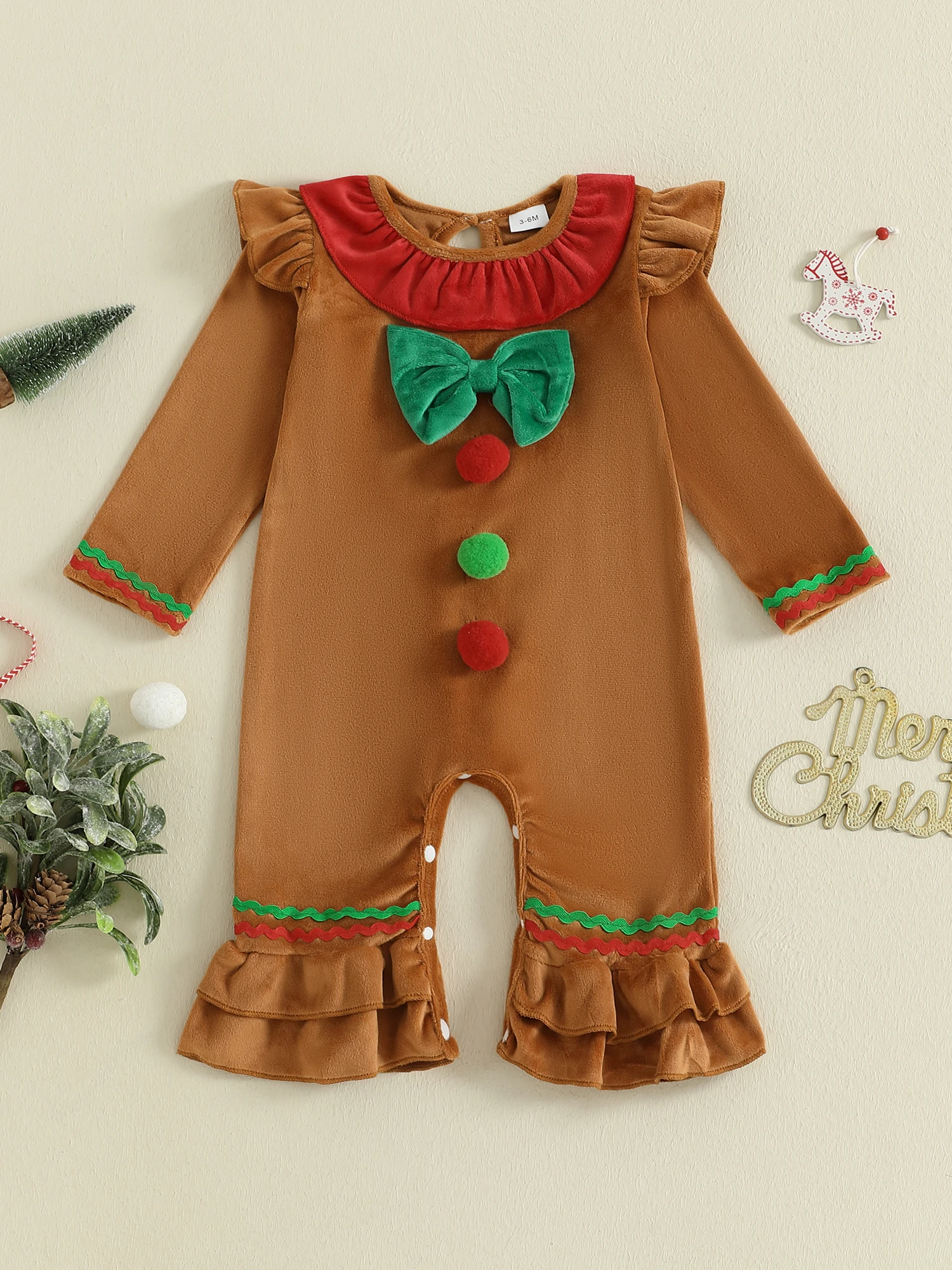 

Cute Toddler Reindeer Print Stylish Winter Round Neck Long Sleeve Ruffle Romper for Christmas Party