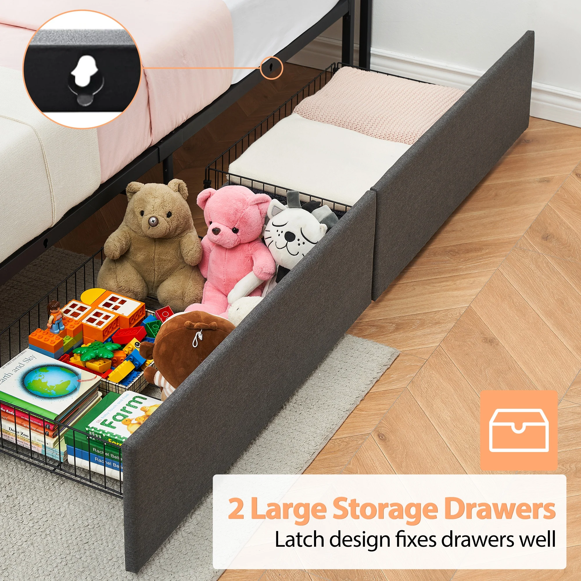 Platform Bed Upholstered in Rustic Linen with Headboard with Storage and Charging Station, 2 Drawers, Reinforced Metal Structure, No Box Spring, Silent, Easy Assembly - Twin/Twin Xl/Full - Grey/Brown