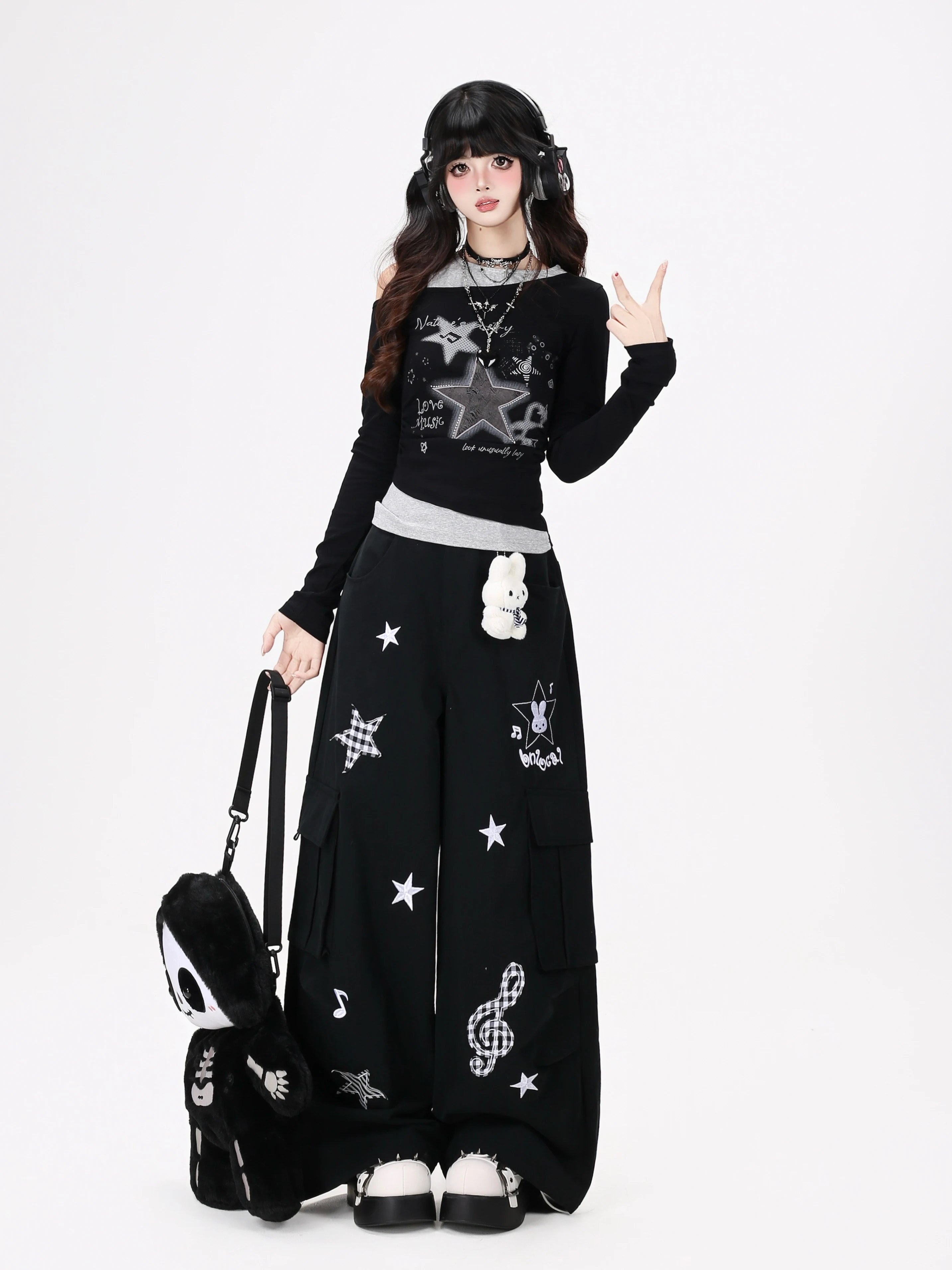 Crazygirl Early Autumn Long Sleeve Shoulder Bared Slim Fit T-Shirt Star Note Print Casual Style Regular Fit round Neck Short ...
