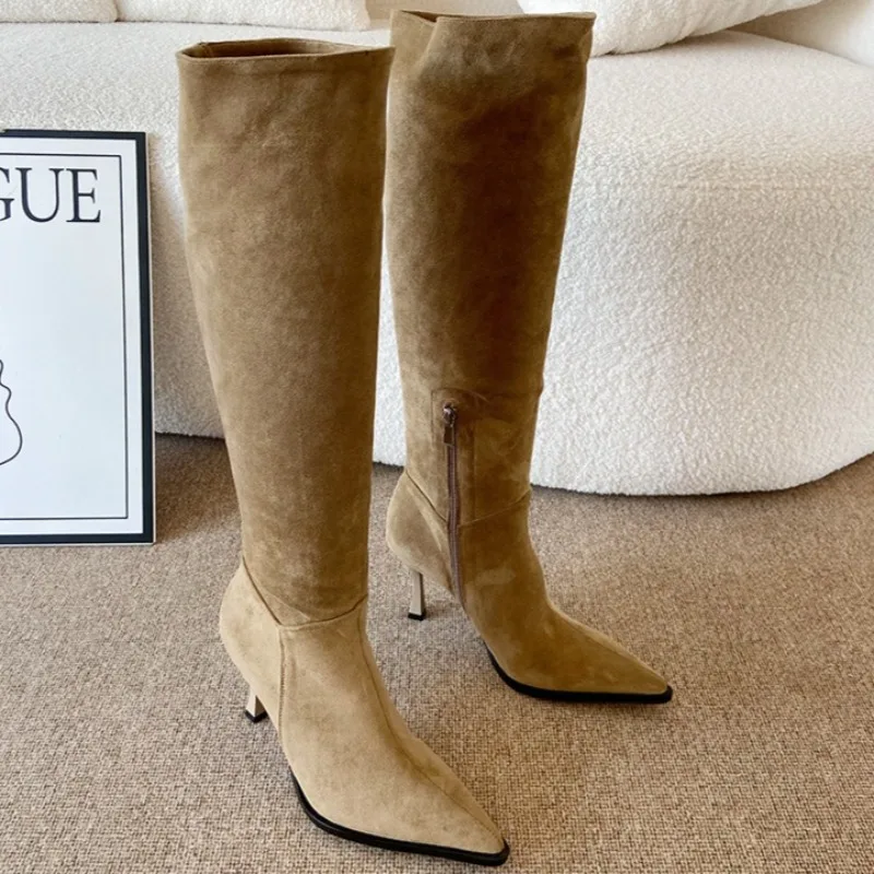 

Retro Women Shoes Exquisite Suede Knee High Boots for Woman Fashion Self Cultivation High Heeled Boot Designer Shoes Botas Mujer