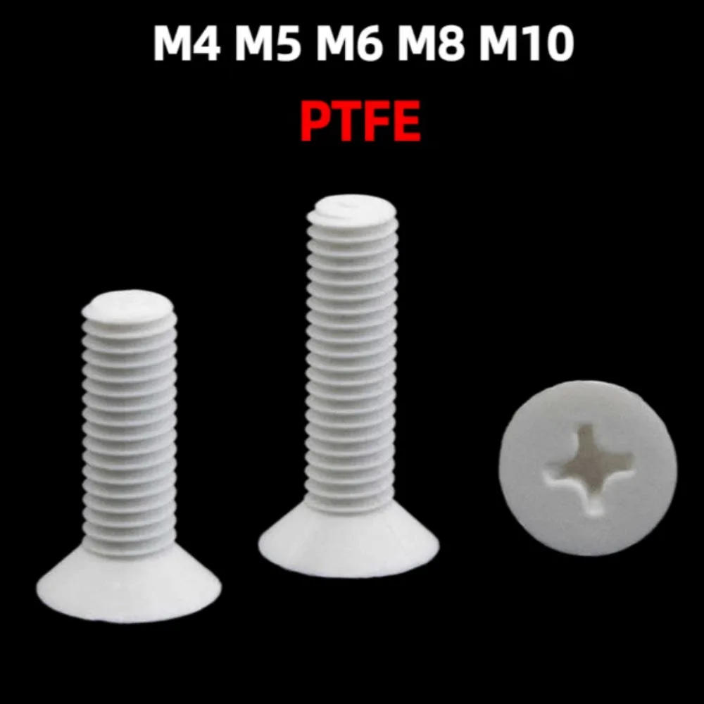 Metric PTFE Phillips Countersunk Flat Head Machine Bolts M4‑M10, White Anti‑Corrosion High Temp Screws Multiple Sizes 8‑100mm