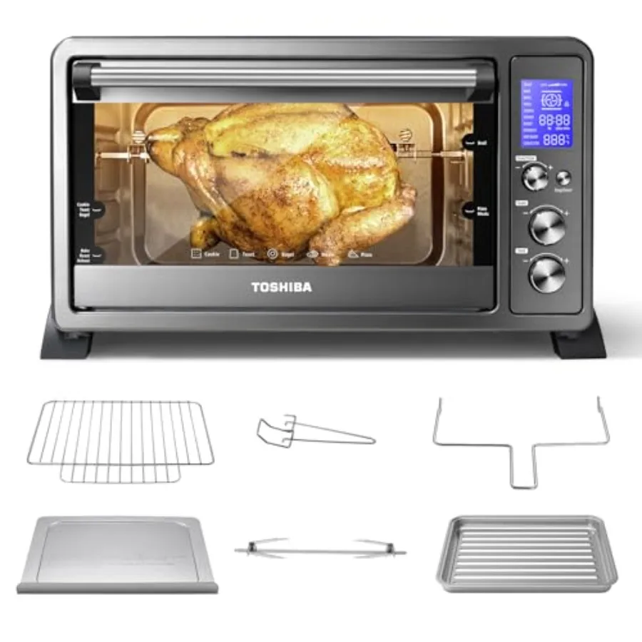 

Large 6-Slice Convection Toaster Oven Countertop 10-in-1 with Toast Pizza Rotisserie 1500W Black Stainless Steel Includes 6 Acc