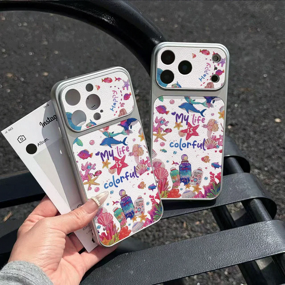 Colorful Marine Organism Letter Leather Texture Phone Case For iPhone 17 Pro Max 17 Air 17E 16E 15 14 16 Pro 13 12 11 7 8 Cover