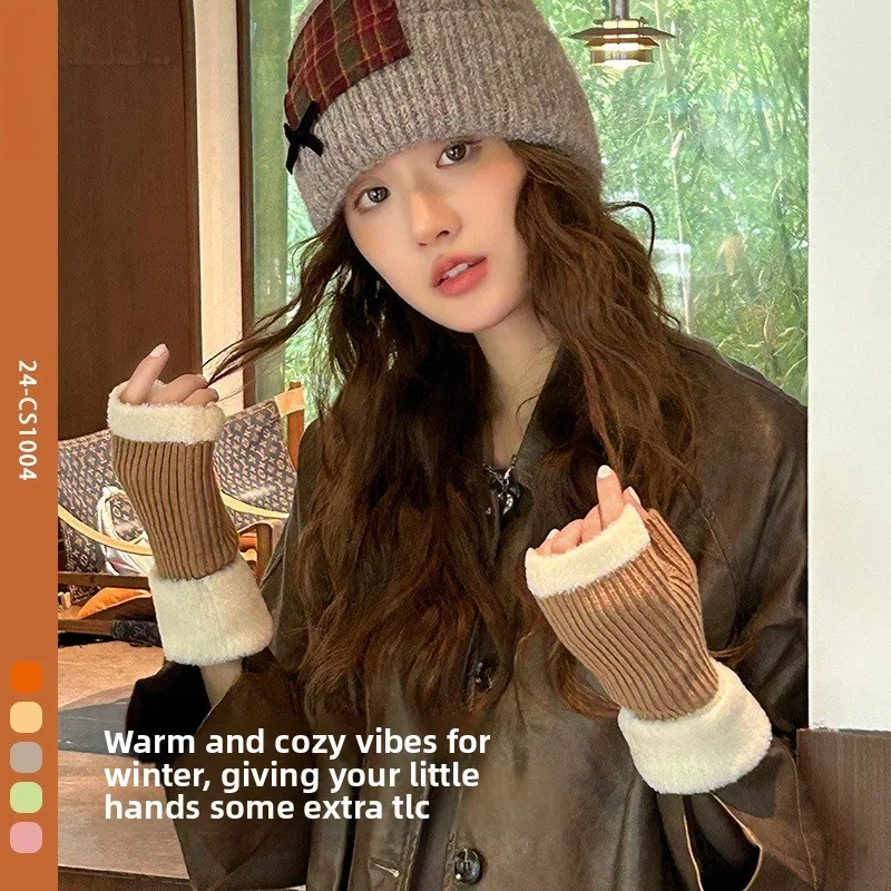 الخريف والشتاء قفازات نصف اصبع جديدة النسخة الكورية من قفازات محبوكة دافئة مطابقة الألوان حماية المعصم قفازات السيدات
