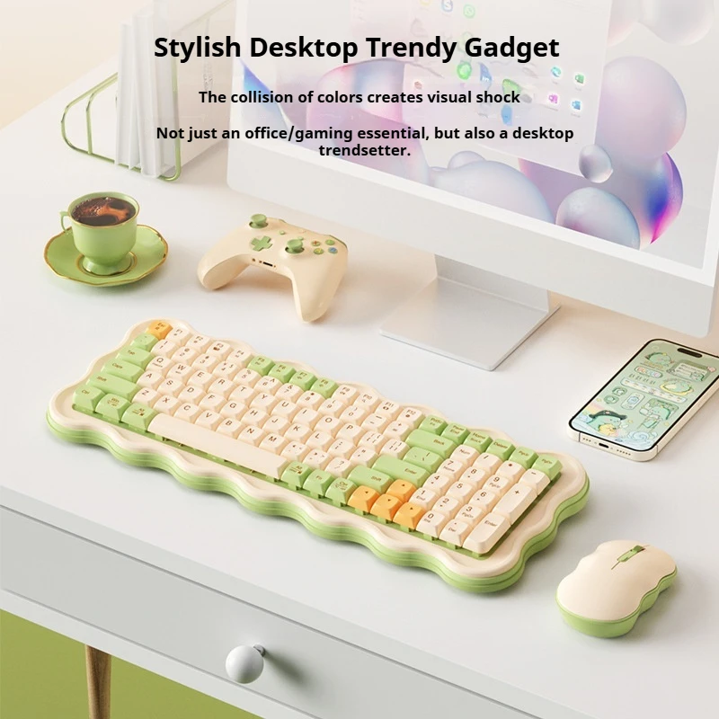 Bow Mk98 Wireless Keyboard And Mouse Set Biscuit Creative Design Mechanical Touch Female Office Game Notebook Light Sound Office