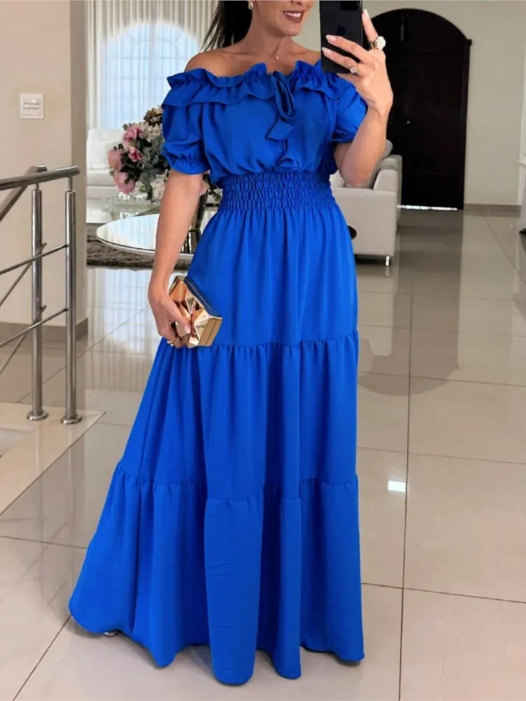 Women Fashion Lace-up Ruffle One-piece Collar Maxi Dresses 2025 Summer New Boho Holiday Dress Female Commuter Casual Party Dress