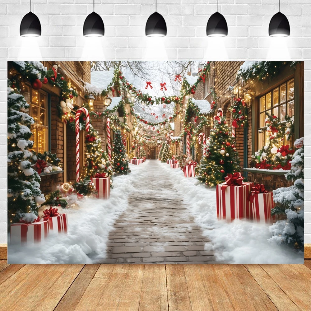 Christmas Decorations Photography Backdrops Snowy Street Candy Cane Gifts Xmas Tree Kids Family Holiday Celebration Backgrounds