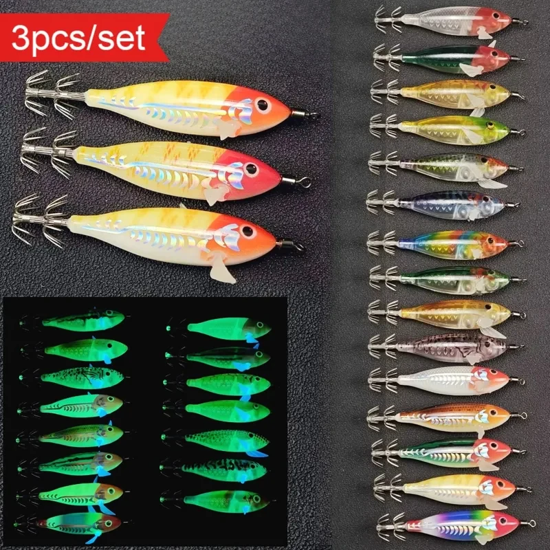 BRAVMACK 3-teiliges Egi-Tintenfisch-Jig-Set, 8 cm, leuchtender UV-Garnelenköder, horizontaler Angelköder für Tintenfisch, Oktopus, Meeresangeln