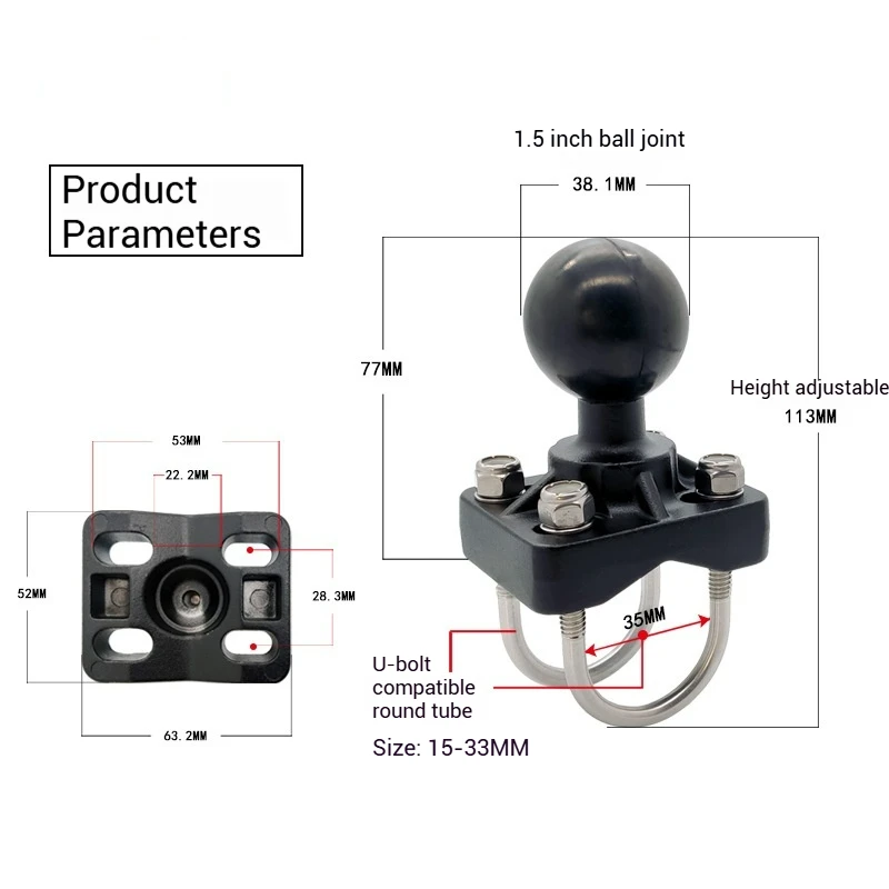 Double U-Bolt Motorcycle Bike Handlebar Rail Mount Base with 1.5 Inch Ball for Gopro Camera for IPhone for Ram mounts