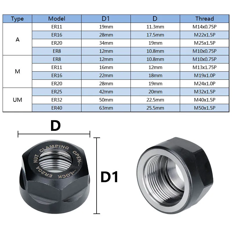 A/M/UM Type ER Collet Chuck Nut For CNC Lathe Milling Cutter Router Bit Holder ER8/ER11/ER16/ER20/ER25/ER32/ER40