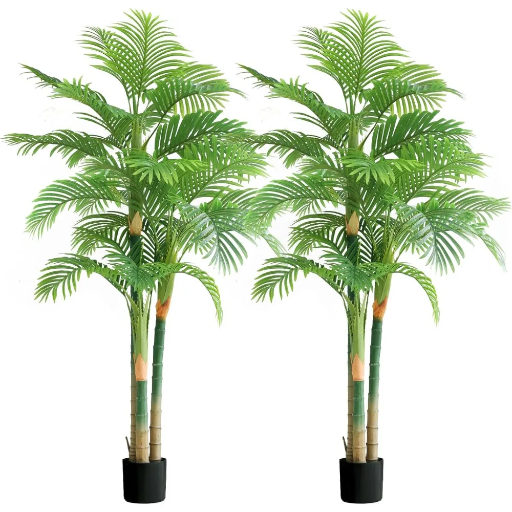 

2 7FT Fake Palm Trees, 84IN Artificial Golden Vine Palm Trees, Indoor and Outdoor Potted Green Large Tropical Palm Fake Plants