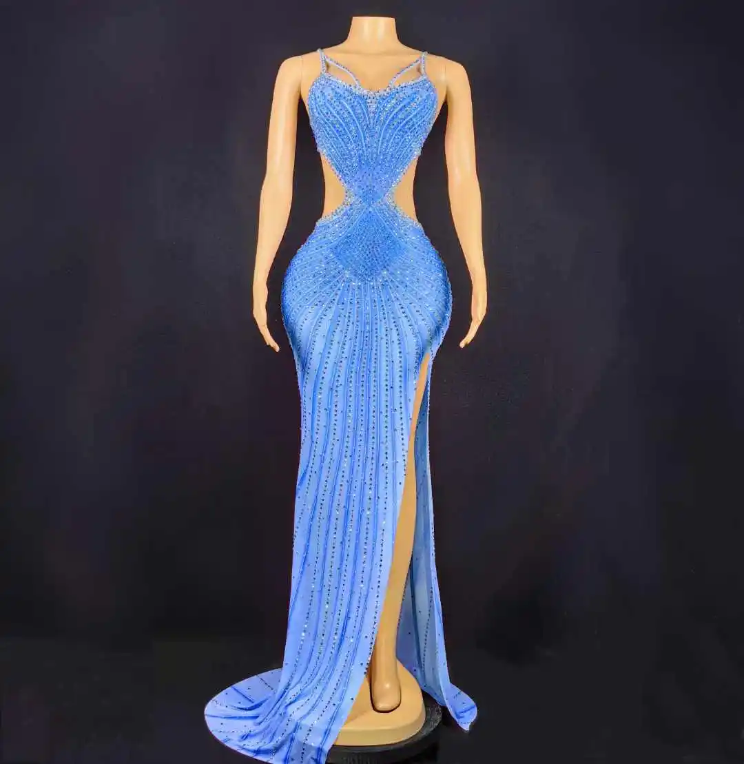 المرأة سباركلي آلهة كبار كامل حجر الراين الصيف التقطت الصور الدعائم احتفال لاس فيغاس فستان طويل لعرض سحب الملكة زي