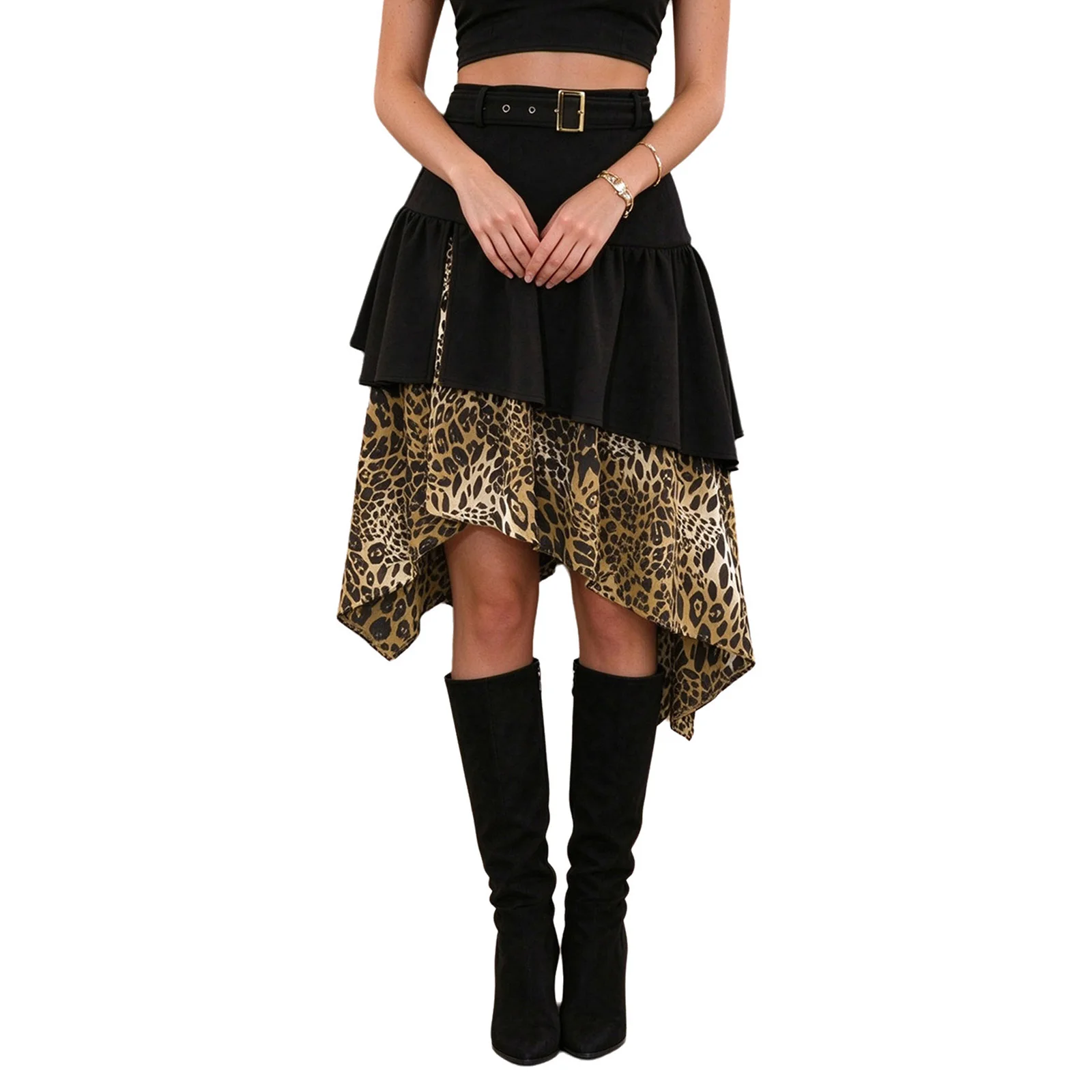 Women Leopard Print Retro Satin Faux Suede Skirt with Belt for Wedding Birthday Prom Evening Cocktail Party Shopping Streetwear