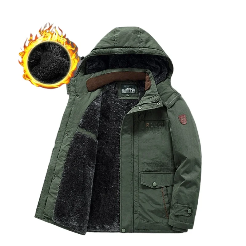 Khaki Casual Workwear Hooded Fleece-Lined Thickened Winter Jacket for Men,ArmyGreenWindproof Waterproof Outdoor Warm Men's Coat