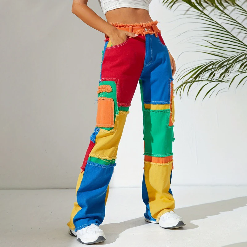 Women's Colorful Jeans Personality Street Pants Slim Fashion Color-blocked Street Corner Horn Jeans for Girls Stage Show Style