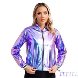 Women Holographic Metallic Shiny Disco Party Bomber Jacket Front Zipper Striped Band Outerwear Baseball Coat Casual Streetwear