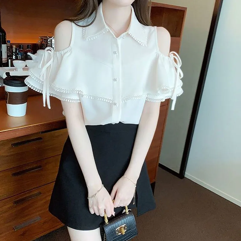 Blusa sencilla con hombros descubiertos para mujer, Camisa de gasa de manga acampanada empalmada coreana, Color sólido, Verano