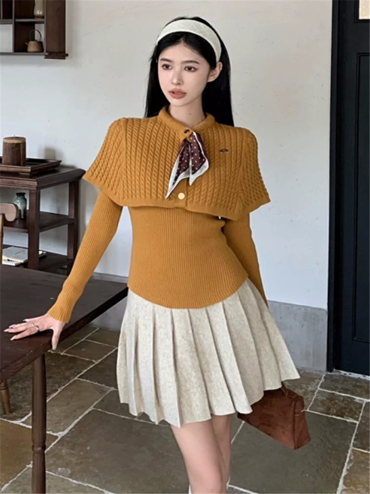 Celebrity Girl Cape Short Sweater Women 2pc Yellow Long Sleeve Slim Jumper Pullover&Twist Knit Shawl Cloak Top Two-piece Set